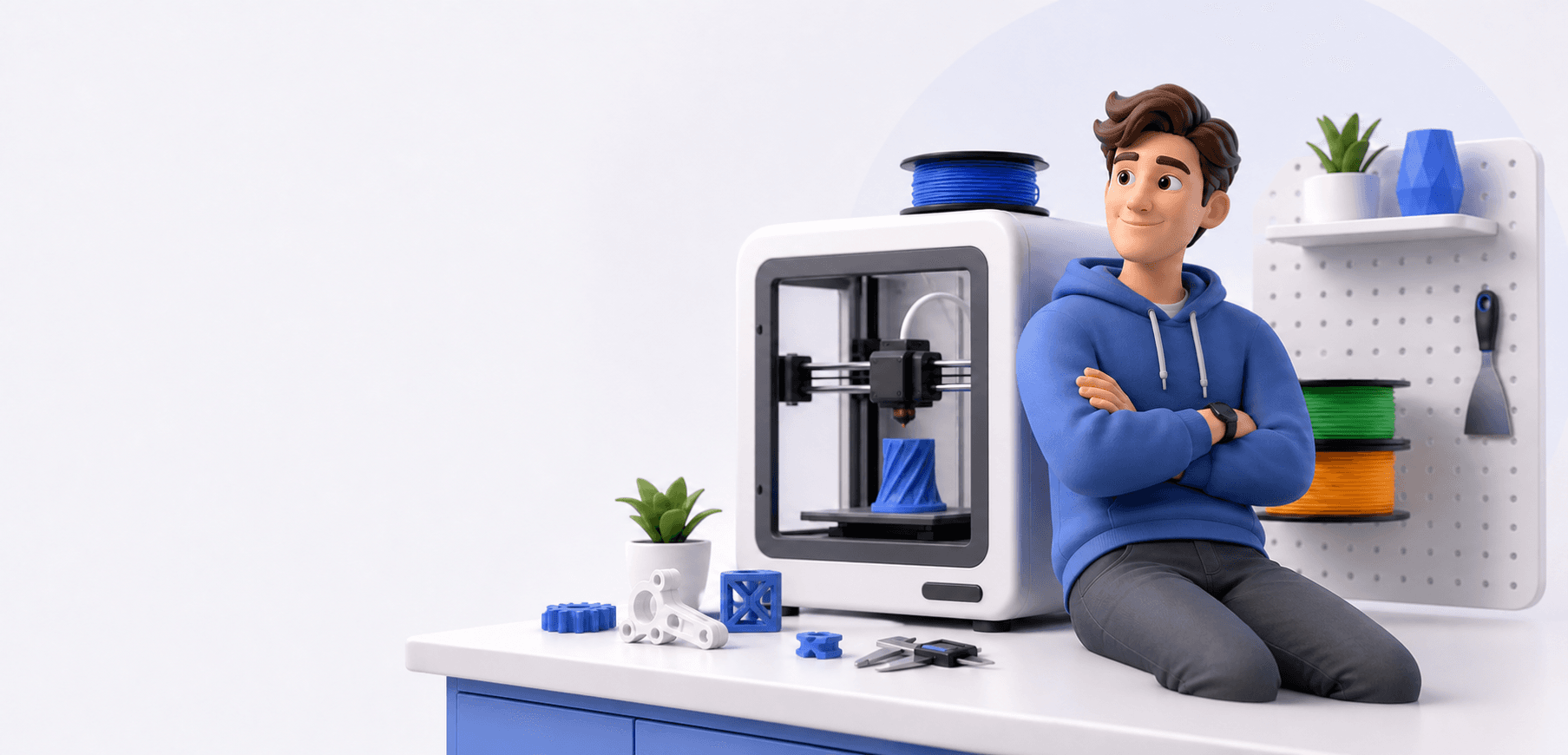 Майстер 3D-друку біля принтера та моделей